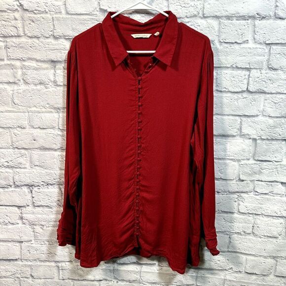 Soft Surroundings Shirt Womens 2X Cranberry Red Button Down‎ Ruffle Sleeve Plus - Picture 1 of 6